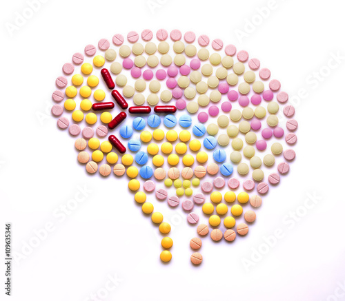 Healthy thinking / Creative medicine and healthcare concept made of drugs and pills, in the shape of human brain. photo