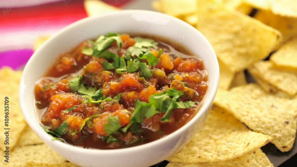 Fresh salsa in white bowl with white corn tortilla chips