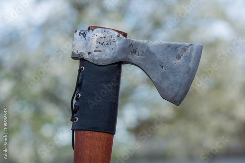 Hand forged axe close up
