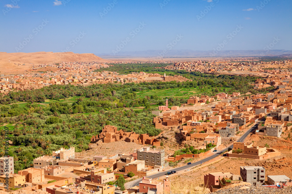 Aerial view of Tinerhir city. Typical Moroccan town beside an oasis in Dades Valley