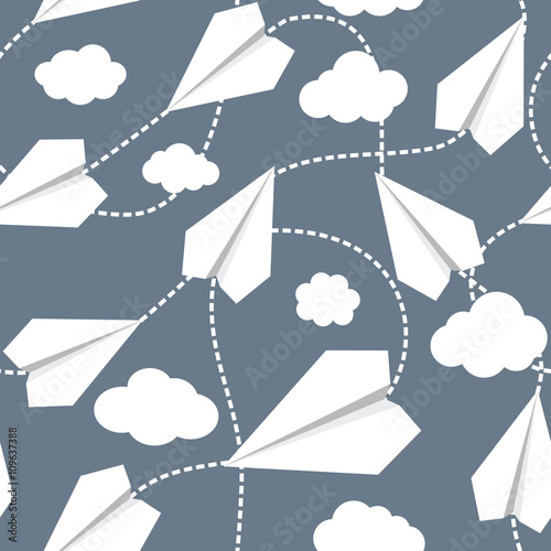 Paper Planes in Clouds Seamless Pattern
