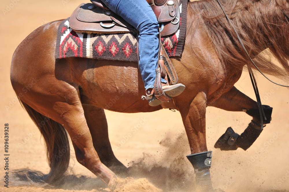 Obraz premium Fragment of the side view of a rider on a horseback during the NRHA competition.
