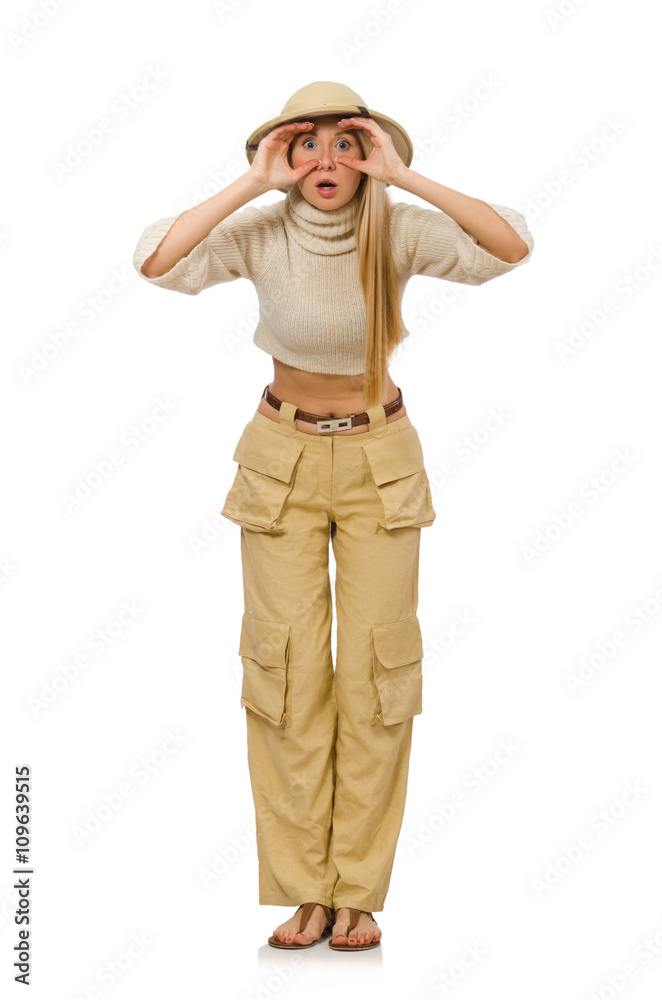 Pretty woman in beige trousers isolated on white Pretty woman in beige trousers isolated on white