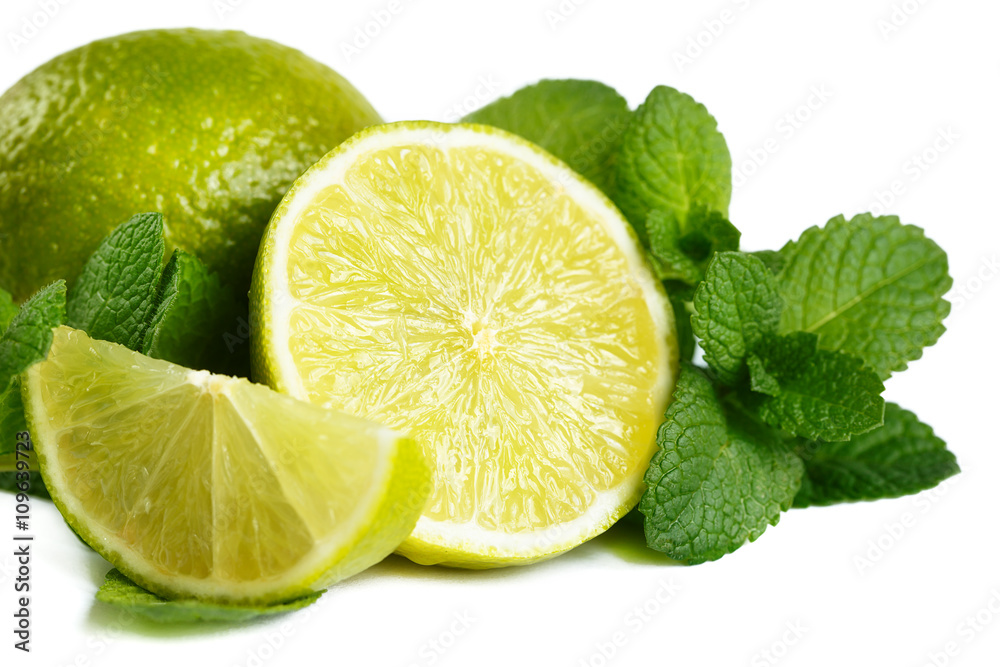 Fresh lime and mint. Isolated on white background Fresh lime and mint. Isolated on white background
