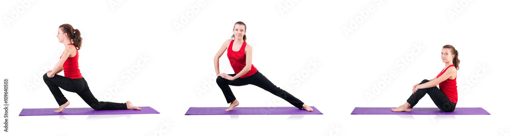 Young female doing exercises on white Young female doing exercises on white