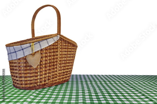 Picnic Basket On The Green Checkered Tablecloth Isolated On Whit