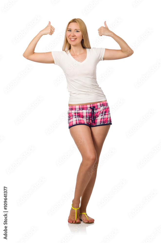 Young woman in pink plaid shorts isolated on white Young woman in pink plaid shorts isolated on white