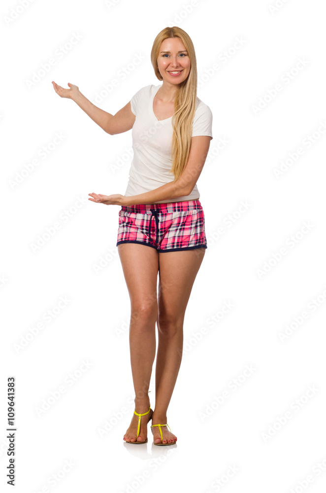 Young woman in pink plaid shorts isolated on white Young woman in pink plaid shorts isolated on white