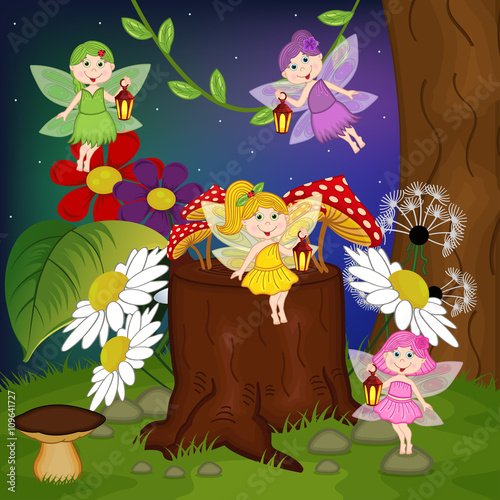 Fototapeta Naklejka Na Ścianę i Meble -  fairies in forest - vector illustration, eps