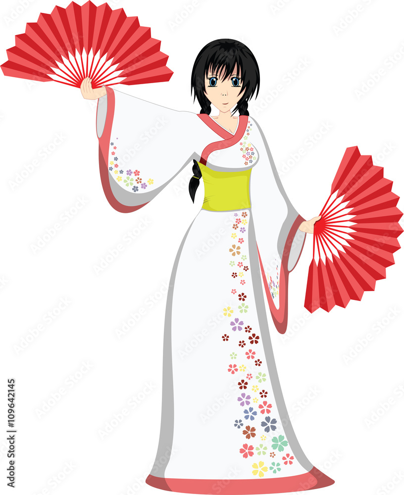 Japanese anime girl in white dress dancing with fans Stock Vector | Adobe  Stock