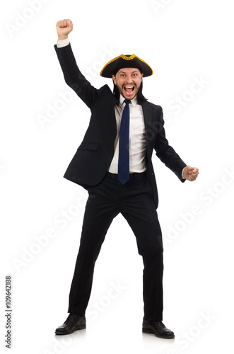 Young businessman wearing tricorn isolated on white