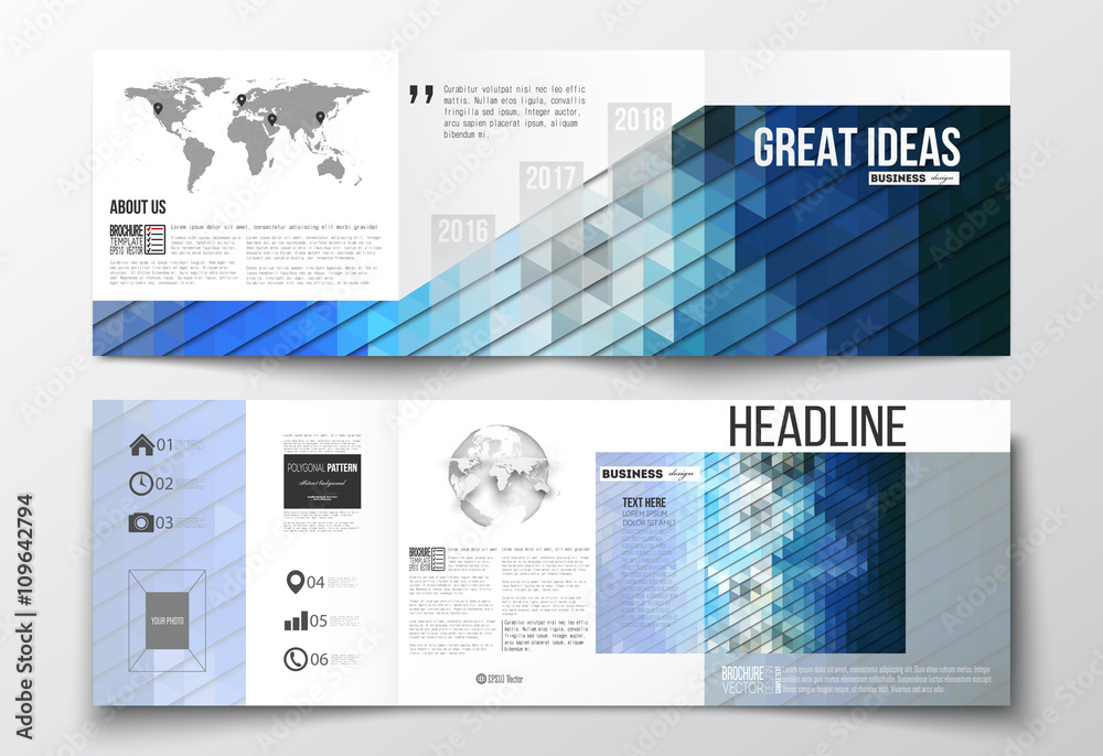 Vector set of tri-fold brochures, square design templates. Abstract colorful polygonal background, modern stylish triangle texture Vector set of tri-fold brochures, square design templates. Abstract colorful polygonal background, modern stylish triangle texture