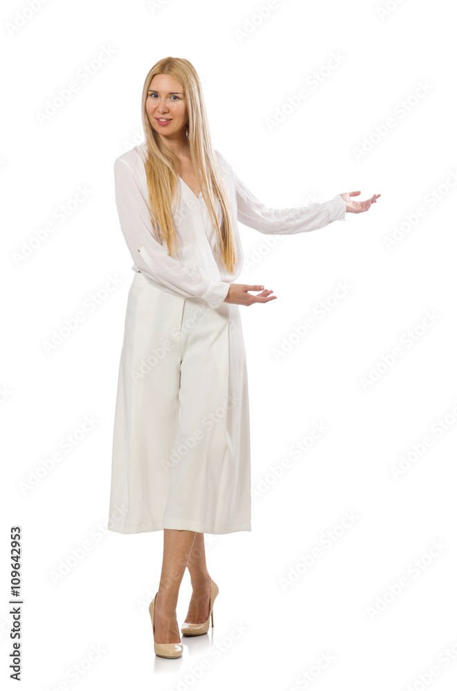 Blond hair model in elegant flared pants isolated on white Blond hair model in elegant flared pants isolated on white