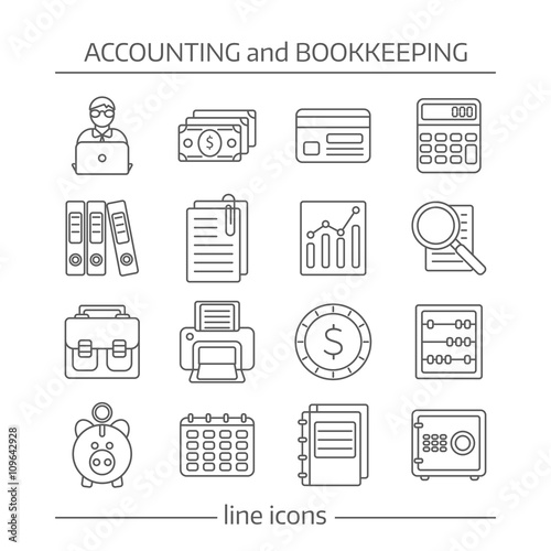 Accaunting Bookkeeping Flat Line Icons Set