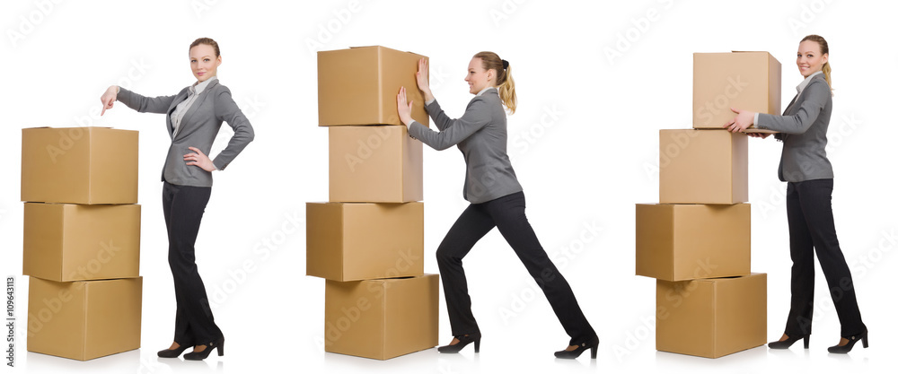 Composite image of woman with boxes on white Composite image of woman with boxes on white