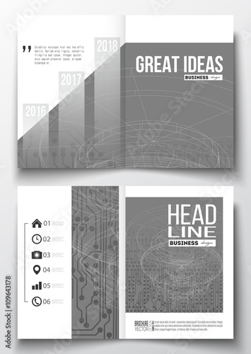 Set of business templates for brochure, magazine, flyer, booklet or annual report. Microchip background, electrical circuits, construction with connected lines, scientific pattern on gray, science