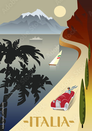 Summer road to the sea. The lake shore, the mountains. Holiday on the French Riviera, Liguria. Poster in the Art Deco style.