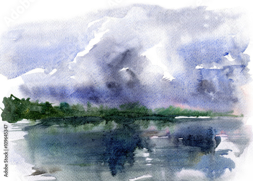 Lake and storm clouds.Watercolor sketch landscape.