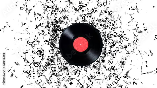 Vinyl record with a lot of notes. Vinyl record playing music