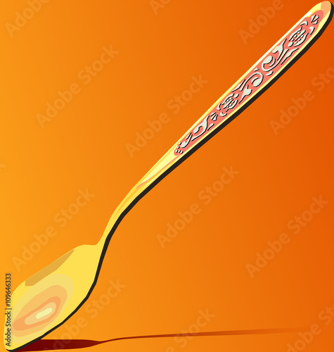 Golden teaspoon with silver ornaments cast a shadow on an orange background. Vector flat illustration