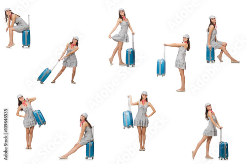 Travelling woman with suitcase isolated on white