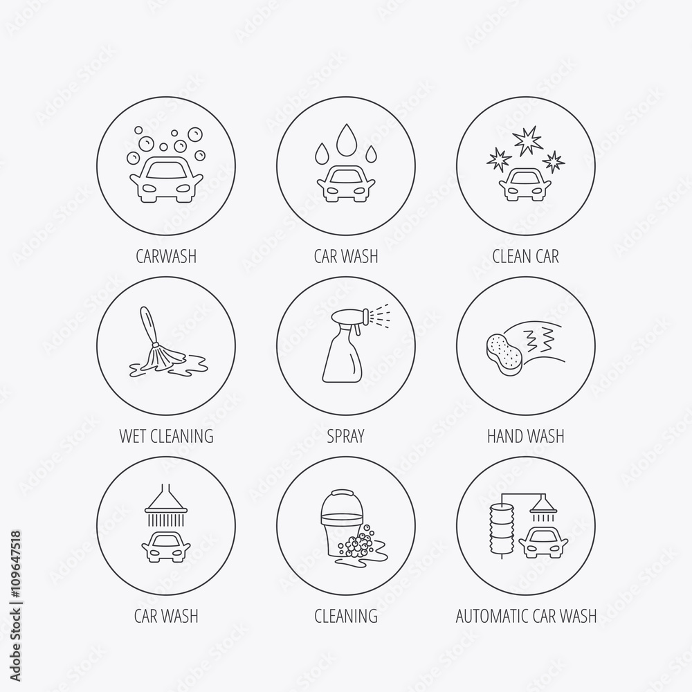 Fototapeta premium Car wash icons. Cleaning station linear signs.