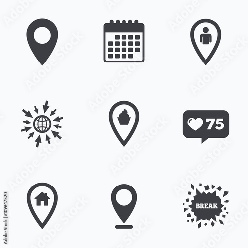 Map pointer icons. Home, food and user location.