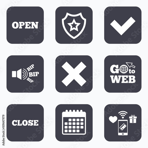 Open and Close icons. Check or Tick. Delete sign