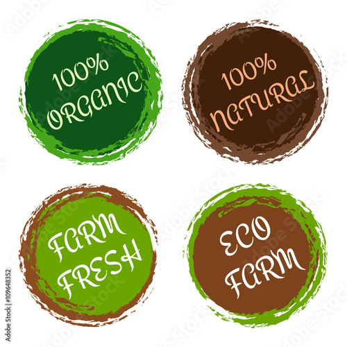 100% organic and natural labels. Eco fresh product from farm stickers. Natural food design elements in circle frames with labels. Green and brown colored stamps. Vector stock isolated illustration.