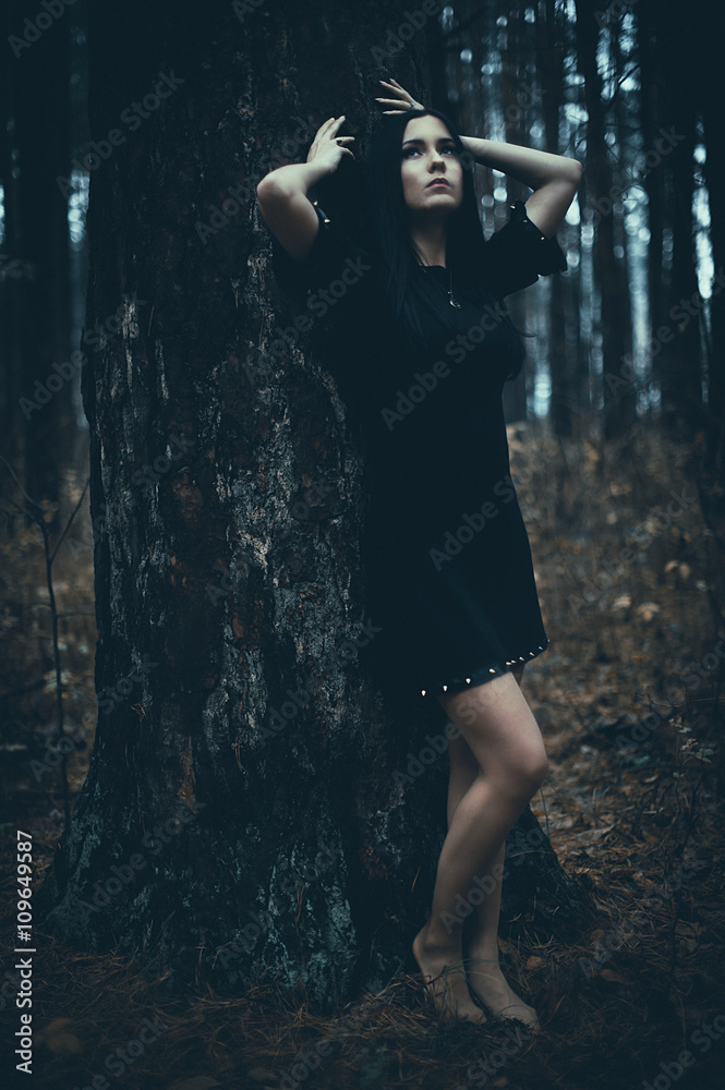 Obraz premium Portrait of a beautiful mysterious woman in the forest. Cold ton