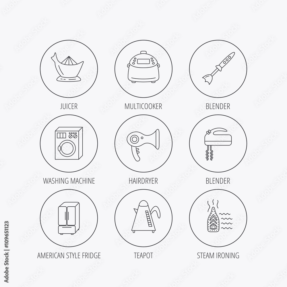 Washing machine, teapot and blender icons. Washing machine, teapot and blender icons.