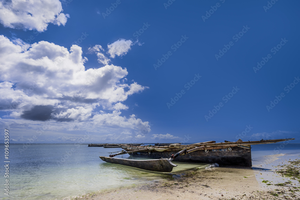 Traditional fishing boats found on the shore of the Indian ocean (Nungwi, Zanzibar, Tanzania)