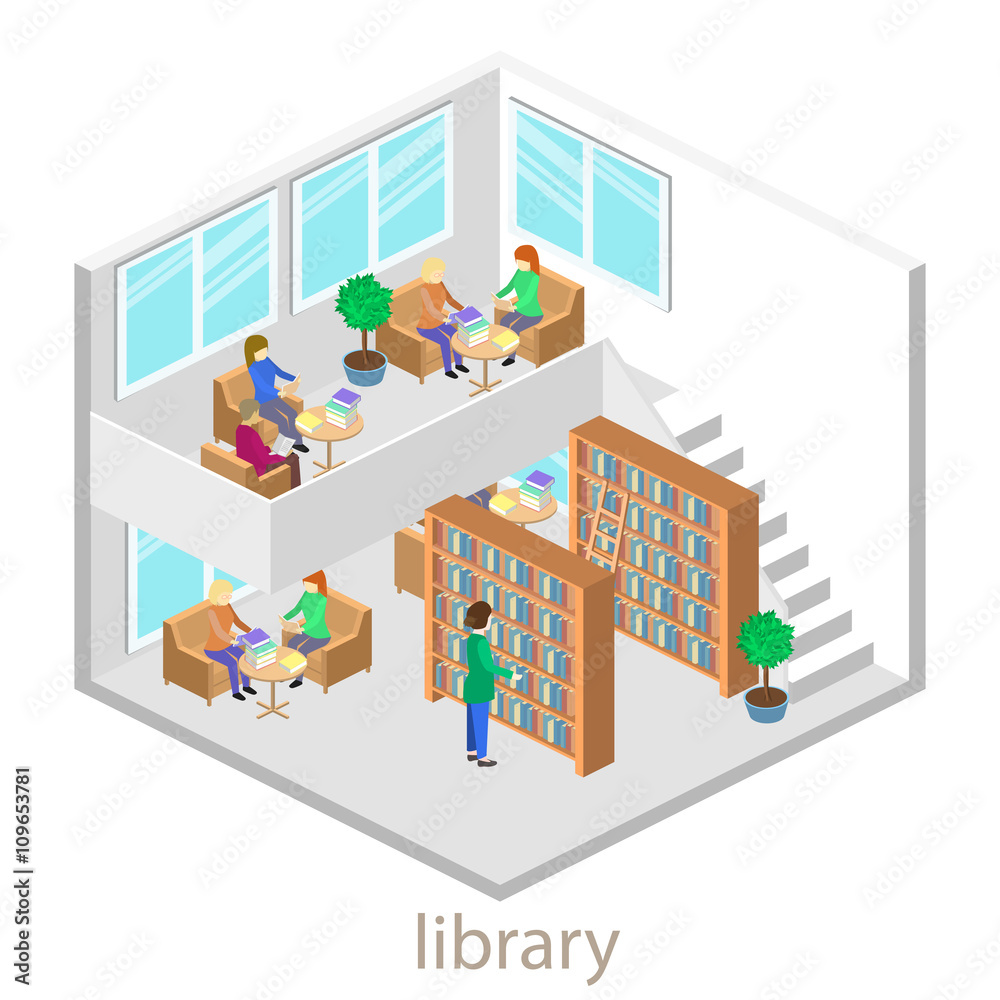 isometric interior of library isometric interior of library
