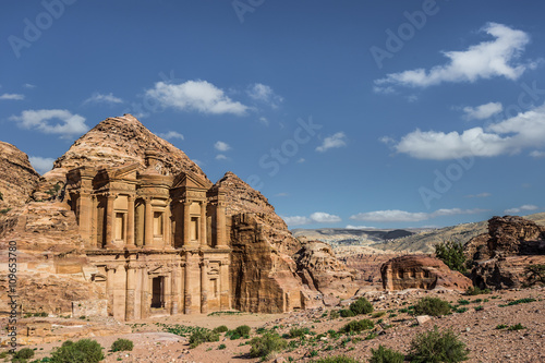 Side view of Ad Deir (aka The Monastery or El Deir) in the ancient city of Petra (Jordan)