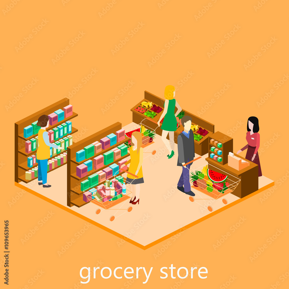 Isometric intireor of grocery store. Shopping mall flat 3d isometric ...