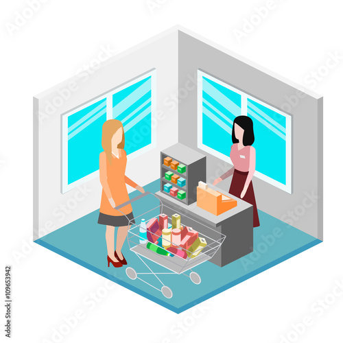 Isometric intireor of grocery store. Shopping mall flat 3d isometric concept web vector illustration.