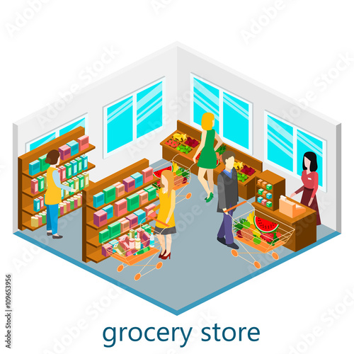 Isometric intireor of grocery store. Shopping mall flat 3d  isometric  concept web vector illustration.