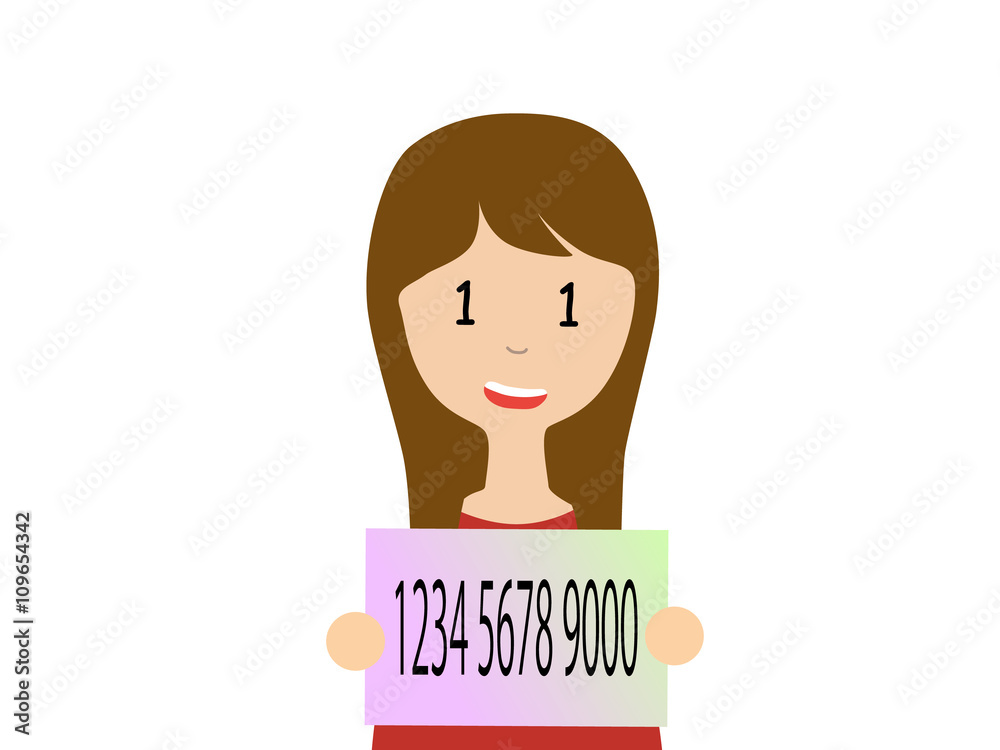 Flat vector illustration of a young woman holding Japanese my number card. My number is a social security number in Japan started in 2015. Flat vector illustration of a young woman holding Japanese my number card. My number is a social security number in Japan started in 2015.
