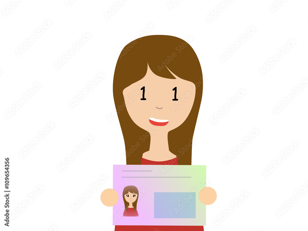 Flat vector illustration of a young woman holding Japanese my number card. My number is a social security number in Japan started in 2015. Flat vector illustration of a young woman holding Japanese my number card. My number is a social security number in Japan started in 2015.