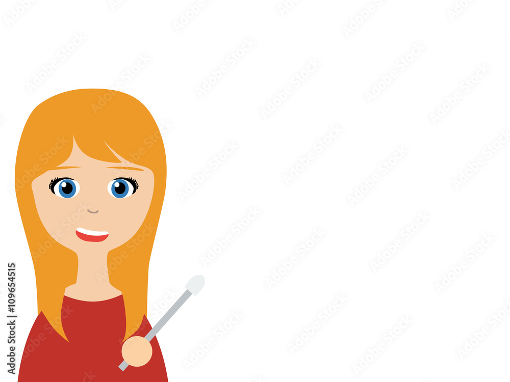 Flat vector illustration of a smiling saleswoman talking to you as pointing by using a pointer Flat vector illustration of a smiling saleswoman talking to you as pointing by using a pointer