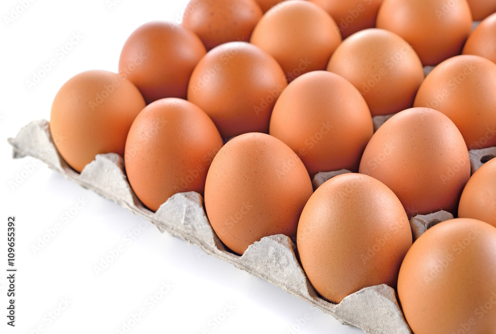 Eggs in paper tray on white background.