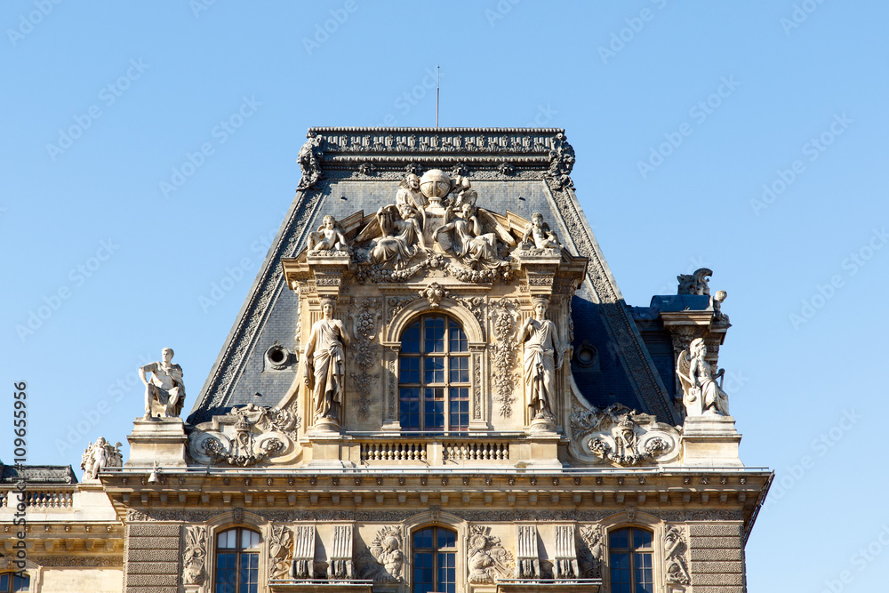 Color DSLR stock image of architectural details on an old building in Paris, France.  Horizontal with copy space for text