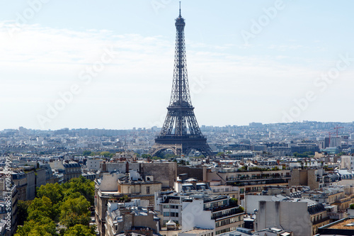Color DSLR wide angle stock image of the landmark, tourist destination Eiffel Tower, Paris, France, with the city skyline in the foreground and background. Horizontal with copy space for text   © Richard McGuirk