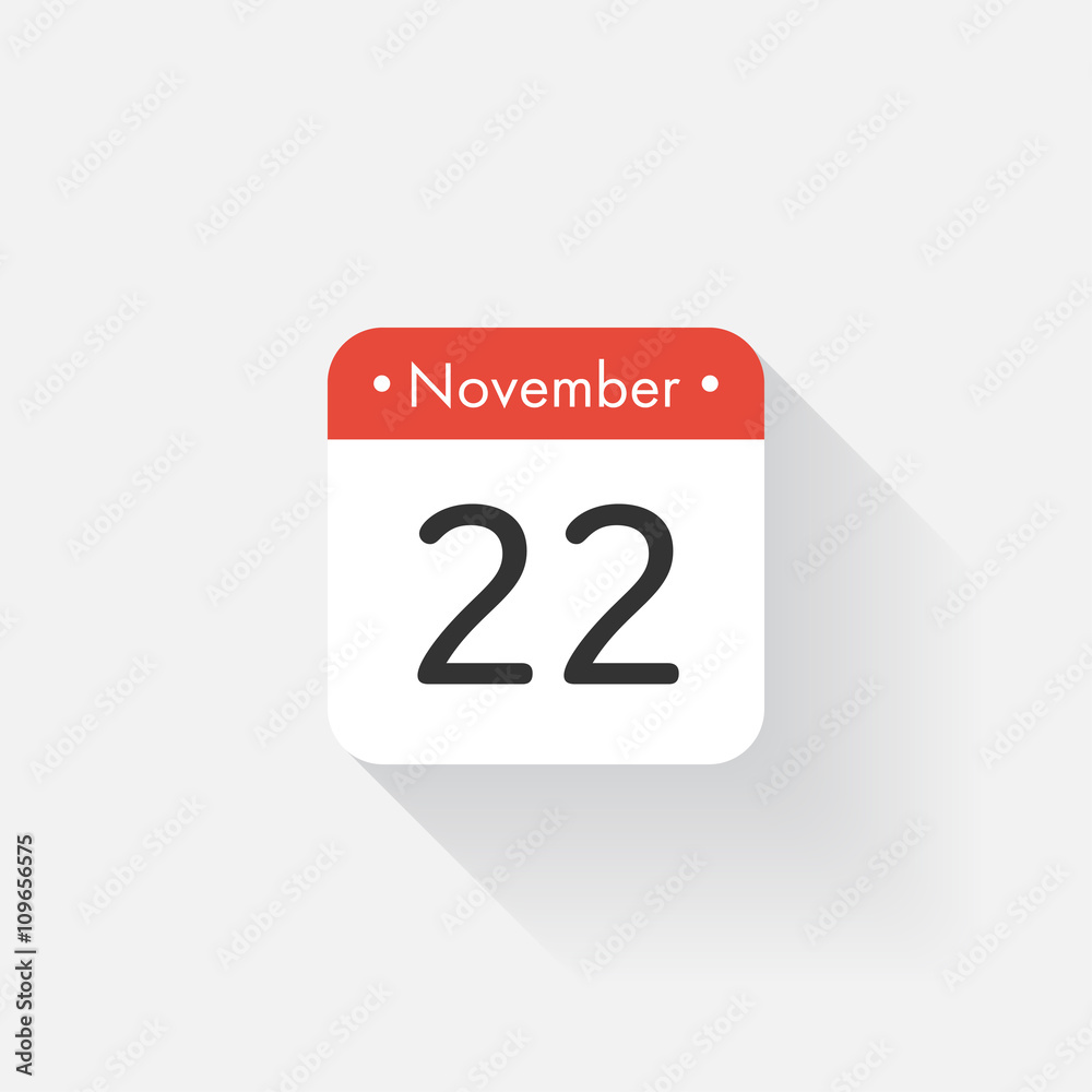 Calendar Icon with long shadow. Flat style. Date,day and month. Reminder. Vector illustration. Organizer application, app symbol. Ui. User interface sign. November. 22 Calendar Icon with long shadow. Flat style. Date,day and month. Reminder. Vector illustration. Organizer application, app symbol. Ui. User interface sign. November. 22
