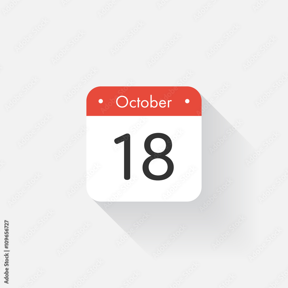 Calendar Icon with long shadow. Flat style. Date,day and month. Reminder. Vector illustration. Organizer application, app symbol. Ui. User interface sign. October. 18 Calendar Icon with long shadow. Flat style. Date,day and month. Reminder. Vector illustration. Organizer application, app symbol. Ui. User interface sign. October. 18