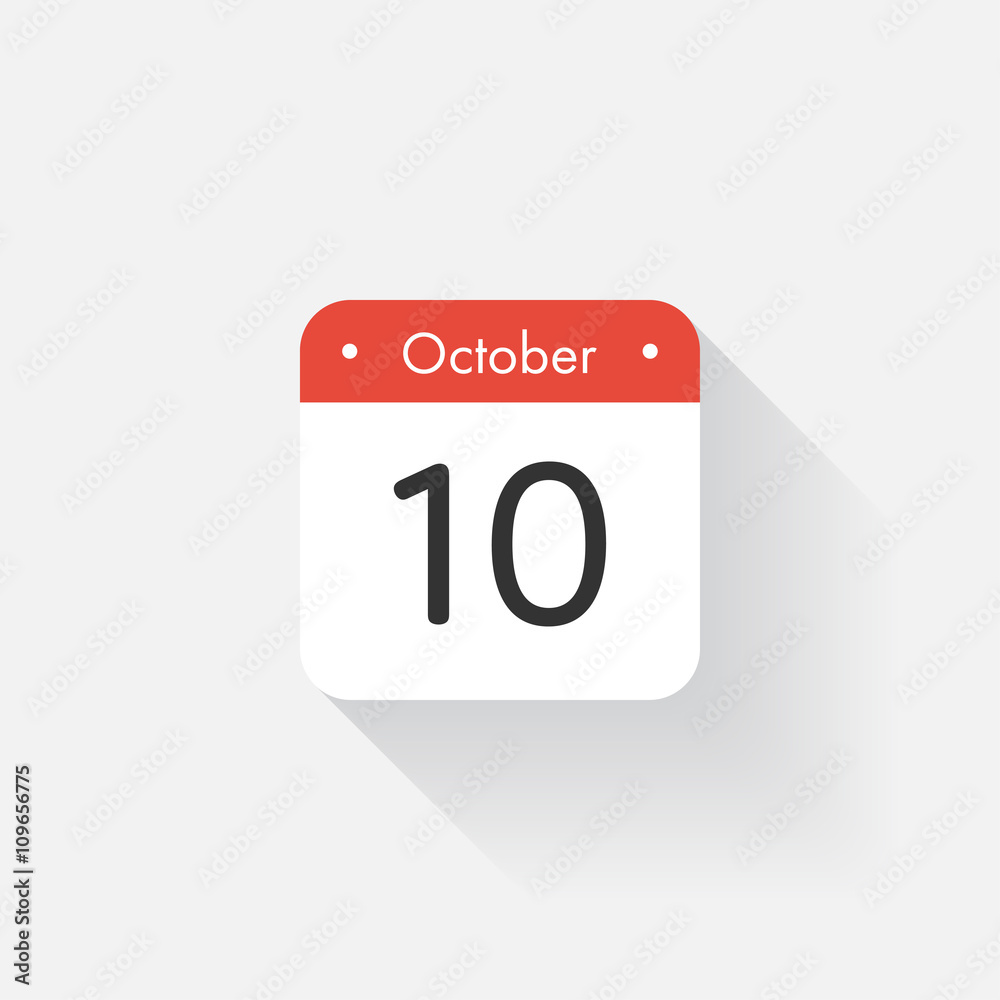 Calendar Icon with long shadow. Flat style. Date,day and month. Reminder. Vector illustration. Organizer application, app symbol. Ui. User interface sign. October. 10 Calendar Icon with long shadow. Flat style. Date,day and month. Reminder. Vector illustration. Organizer application, app symbol. Ui. User interface sign. October. 10