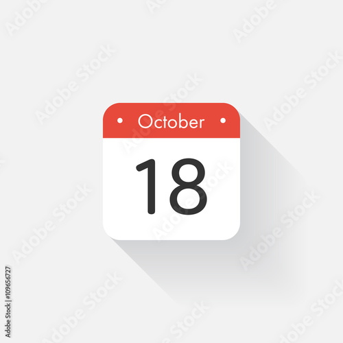 Calendar Icon with long shadow. Flat style. Date,day and month. Reminder. Vector illustration. Organizer application, app symbol. Ui. User interface sign. October. 18