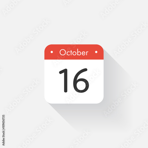Calendar Icon with long shadow. Flat style. Date,day and month. Reminder. Vector illustration. Organizer application, app symbol. Ui. User interface sign. October. 16