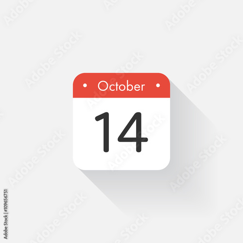 Calendar Icon with long shadow. Flat style. Date,day and month. Reminder. Vector illustration. Organizer application, app symbol. Ui. User interface sign.  October. 14