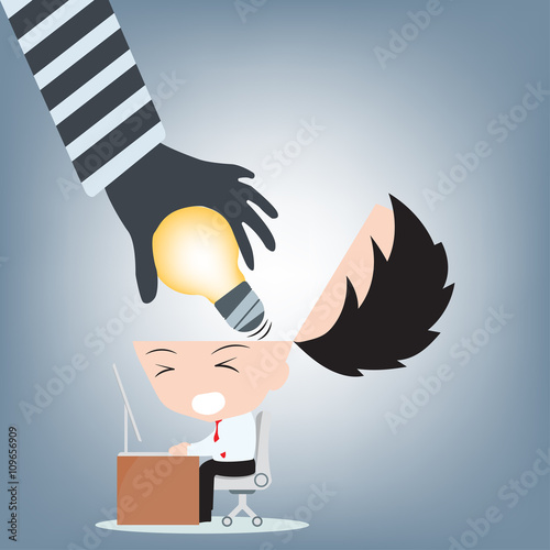 Thief hand open businessman head and steal light bulb idea from his brain, creative concept illustration vector in flat design